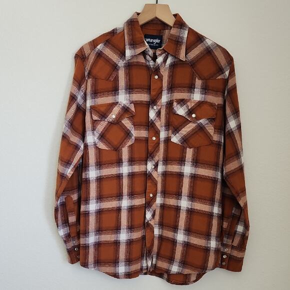 WRANGLER Flannel Shirt Pearl Snaps Western Rodeo Size Medium Burnt Orange - Picture 1 of 9